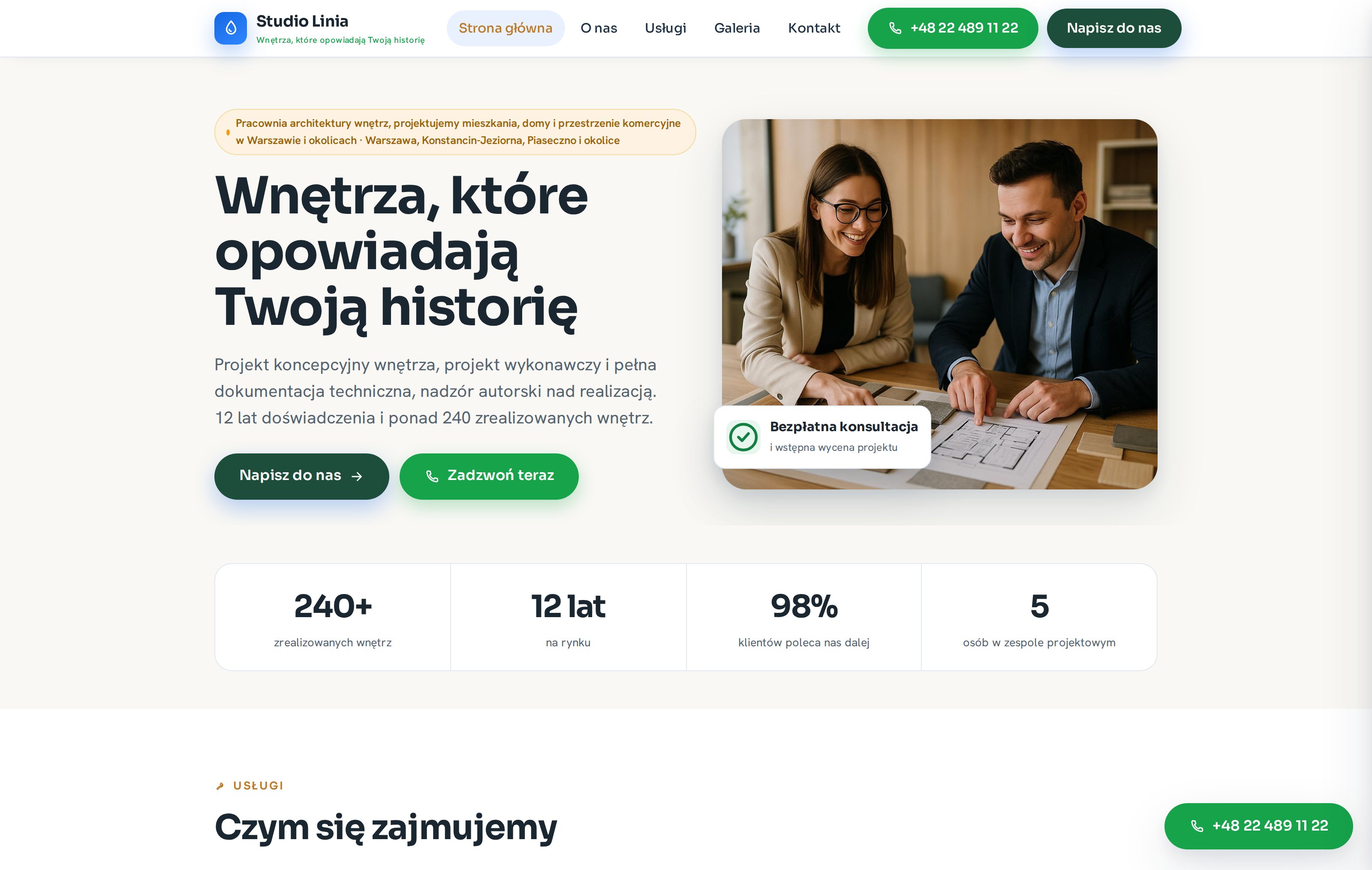 Strona główna Studio Linia, widok desktop ze zdjęciem w sekcji głównej